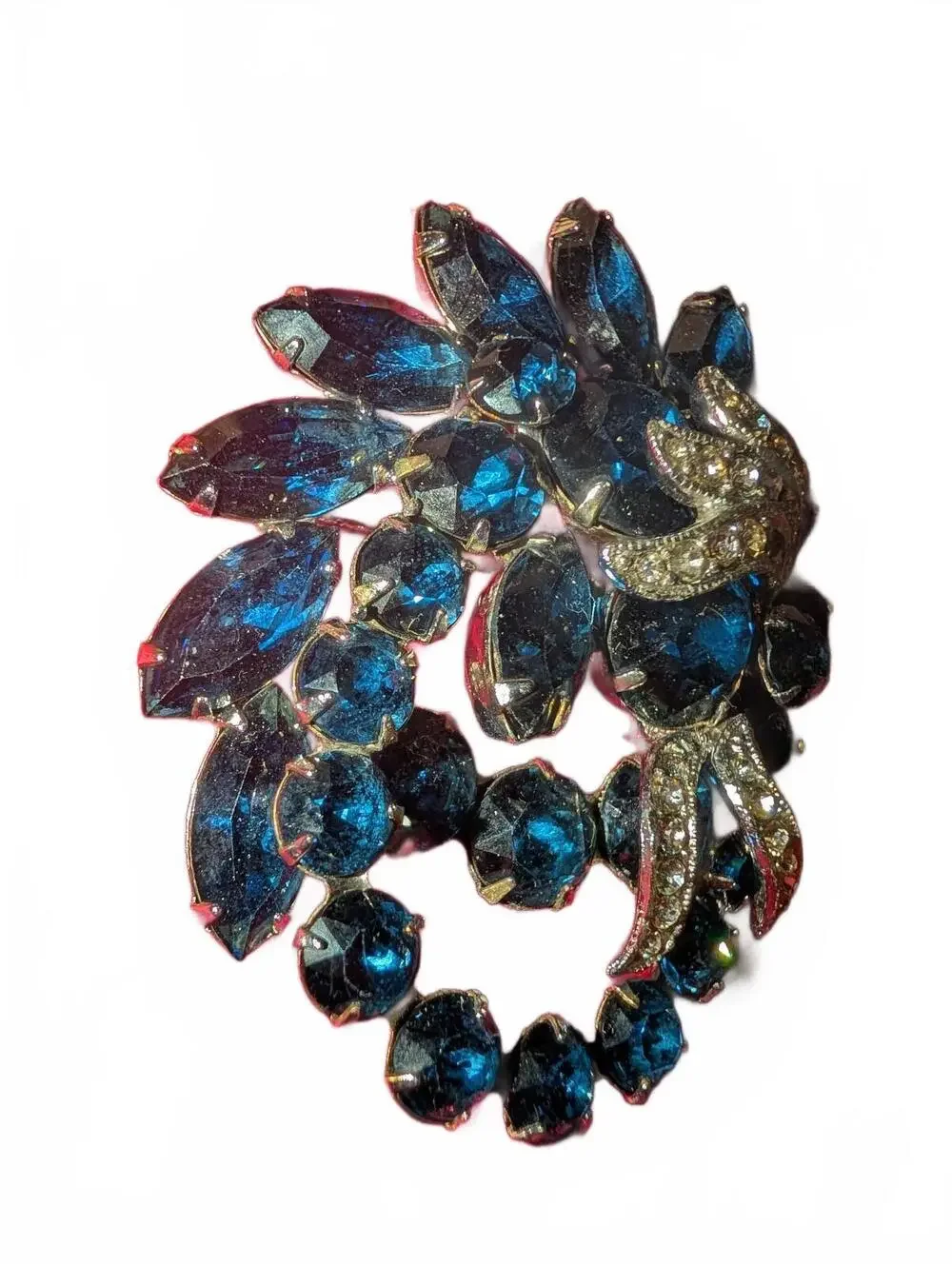 Vintage Eisenberg Blue Rhinestone and Clear Crystal Bow Brooch Pin